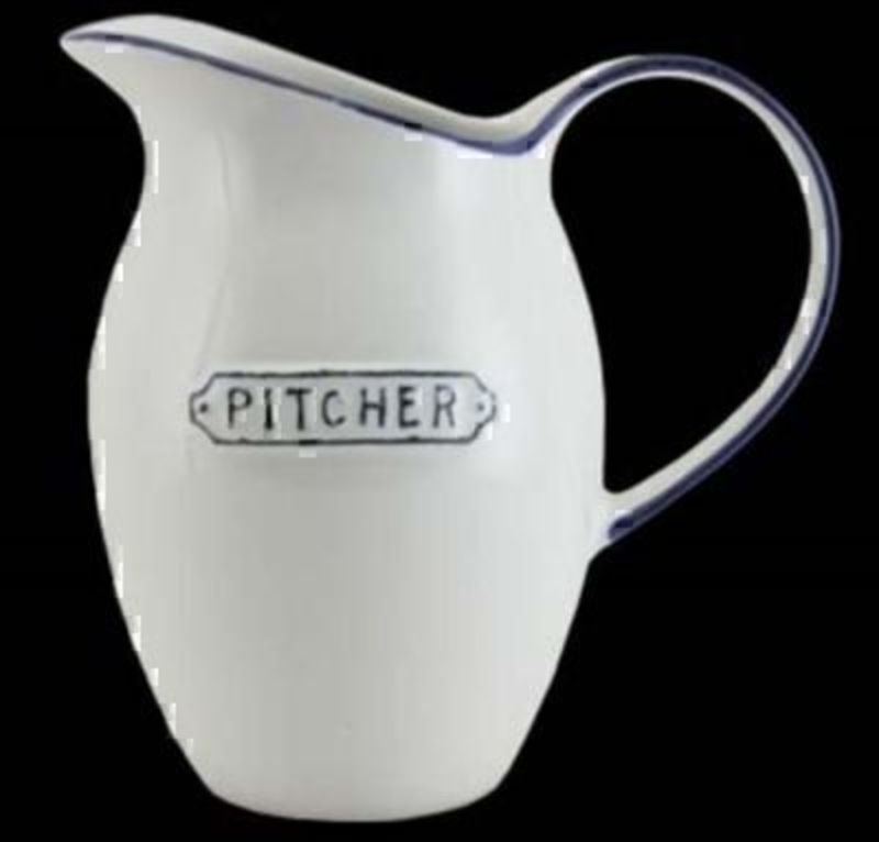 Large vintage style white and blue Jug by Gisela Graham with 'Pitcher' on the front. Great gift for new home or kitchen. Size 20x19x10cm